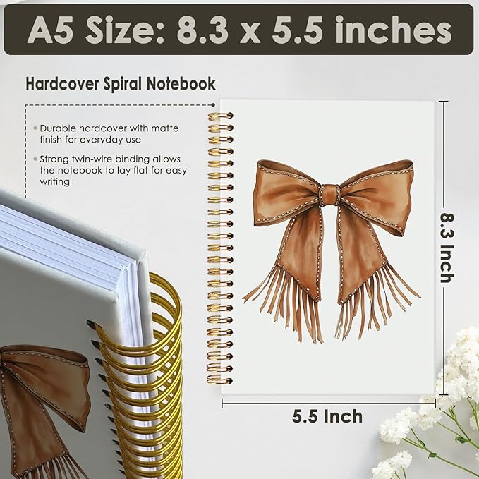Western Coquette Bow Spiral Notebook, Cowgirl Cowhide Bow Journal, Cowgirl Aesthetic Notebooks for Women, Western Office Supplies, Coquette Hardcover Notebooks 5.5x8.3