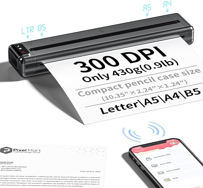 Portable Printers Wireless for Travel,Q302 WiFi Inkless Thermal Printer with Reverse Charging, Phone Printer Supports US Letter/A4/B5/A5, Bluetooth Printers for Home Use Office,300DPI