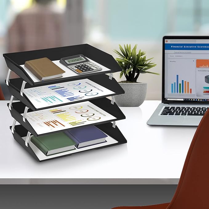 Acrimet Facility 4 Tier Letter Tray, Side Load, Letter Size/A4, Desktop File Organizer, Plastic (Black)