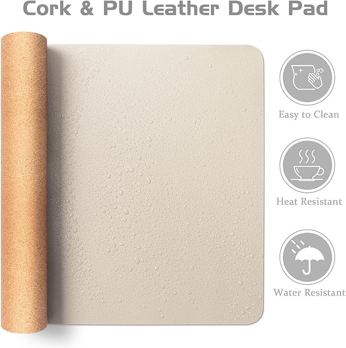 Aothia Dual-Sided Desk Mat - Natural Cork & Leather Desk Protector, Large Mouse Pad & Writing Pad for Office/Home, Beige (37.8"x17")