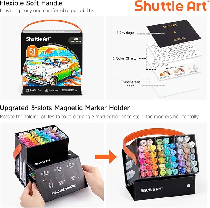 Shuttle Art 51 Colors Alcohol Markers, 50 Colors Dual Tip Art Marker Set Plus 1 Colorless Blender with Marker Case Perfect for Illustration Students Adult Coloring Sketching