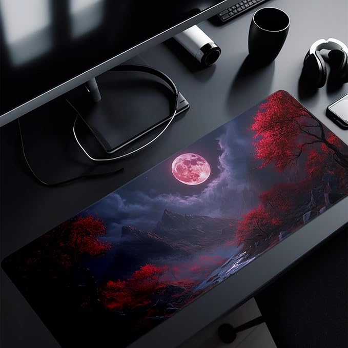 Darkness Red Moon Mouse Pad Abstract Red Mouse Pad 31.5x11.8 Inch Texture Non-Slip Rubber Base Large Mousepad Stitched Edges Keyboard Mouse Mat Desk Pad for Office and Home (Darkness 2)