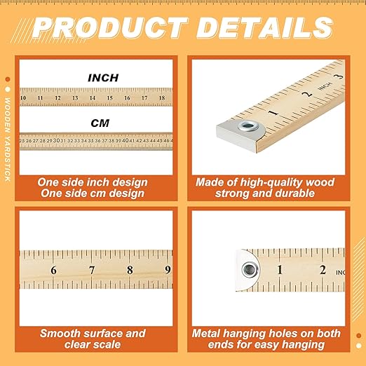 Hoteam 5 Pcs Heavy Duty Wooden Yardstick 36 Inches Natural Wood Yard Stick Ruler with Hang Hole Metal Tips 1/4-inch-thick Yardstick Ruler Metal Ends Meter Stick Clothing Measuring Home Office