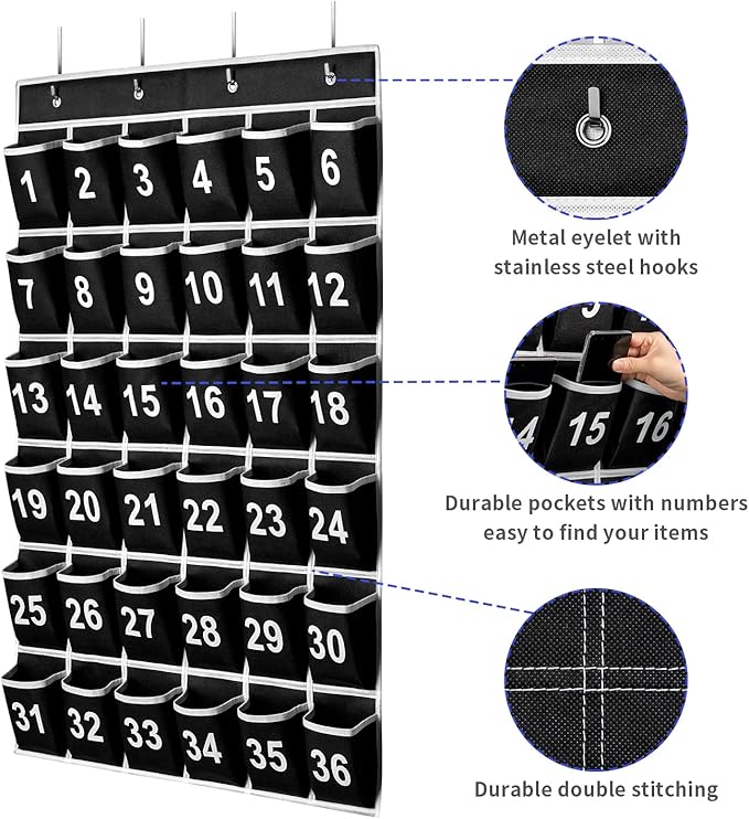 36 Pockets Black Numbered Classroom Pocket Chart for Cell Phones, Hanging Pocket Chart Storage for Classroom Phone Calculator Holder with 4 Hooks (Black-36pockets)