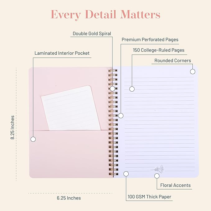 Happy Hoos® Aesthetic Spiral Notebook - 6.25" x 8.25" College Ruled Journal Notebook - Hard Cover Writing Journal for Work, School, Travel, More - Floral Notebook 8 Seasonal Designs(Summer Garden)