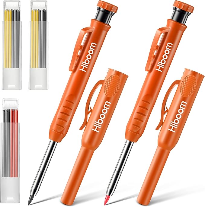 Hiboom 2 Pack Solid Carpenter Pencils with Pencil Cap and 18 Refills, Long Nose Deep Hole Mechanical Pencil Marker, Scribe Tool with Built-in Sharpener for Construction Woodworking Architect (Orange)