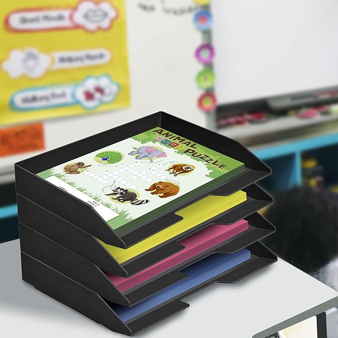 Acrimet Stackable Letter Tray 4 Tier Side Load, Plastic, Desktop File Organizer (Black Color)