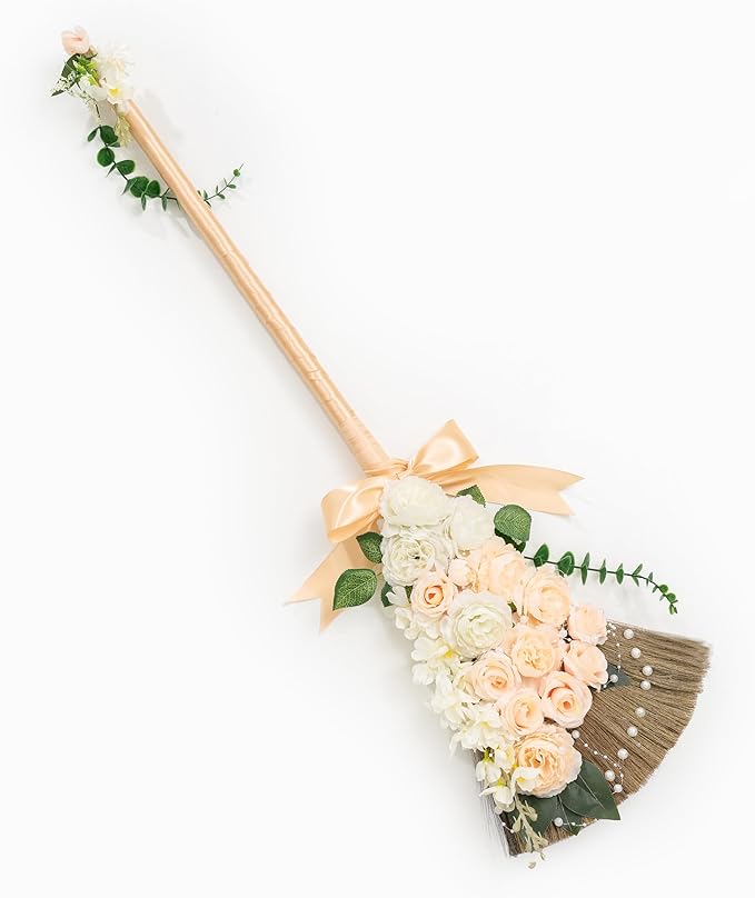 TTS For Home - Wedding Brooms Bride Bridegroom, Jumping The Broom for Wedding, Natural Whisk Broom with Ribbons, Artificial Pearl, Leaves,Roses for Decorative Wedding