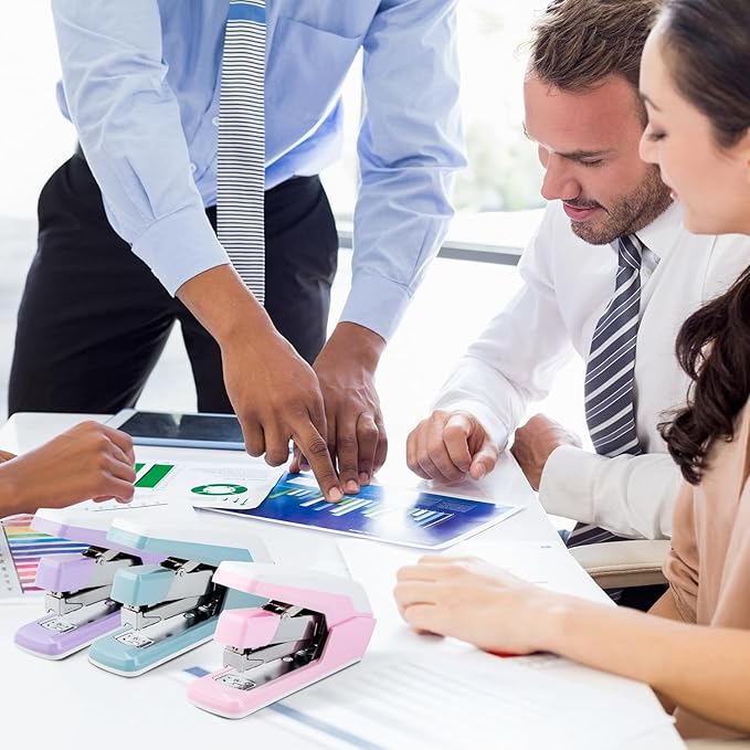 Deli Stapler, Effortless Staplers for Desk, 40-50 Sheet Capacity Heavy Duty, One Touch, No Effort, Easy to Load, with 1500 Staples & Staple Remover, 3 Pack, 3 Colors