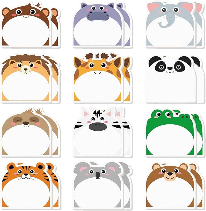 Yinder 24 Pads Cute Sticky Notes Kawaii Fun Animal Sticky Notes Pads Bulk Cartoon Memo Self Adhesive for Veterinary Gift Office School Tab Party Supplies(Safari Animals)