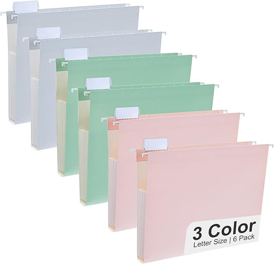 Y YOMA Letter Size - 6 Pack Extra Capacity Hanging File Folders Accordion Decorative Reinforced File Folder Cute Colored Expandable Folder for Office Home with 1/5-Cut Adjustable Tabs, Pastel Color