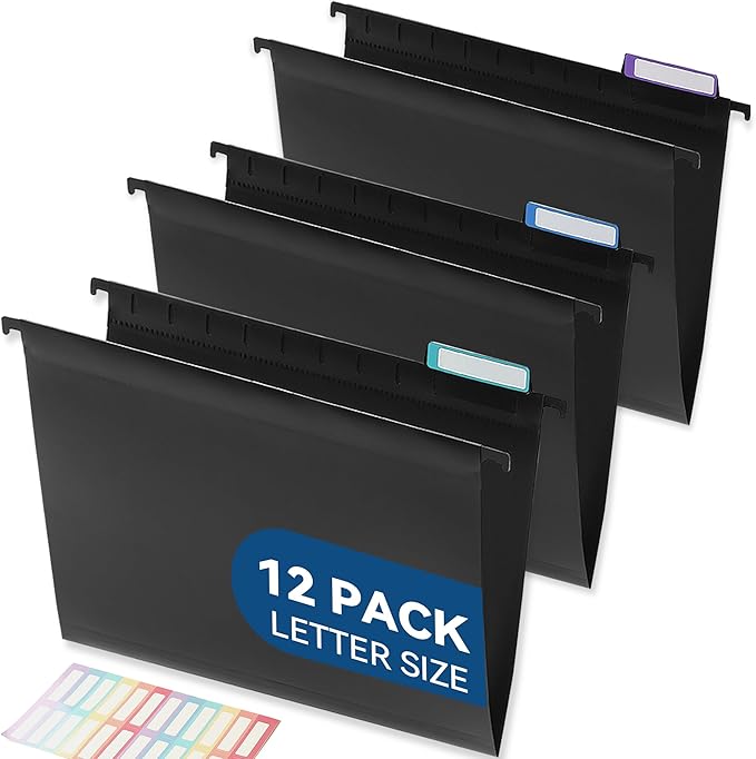 Plastic Hanging File Folders, Letter Size, 12 Pack Hanging Folders, with Insertable 1/5-Cut Tabs for Filing Cabinets - Black