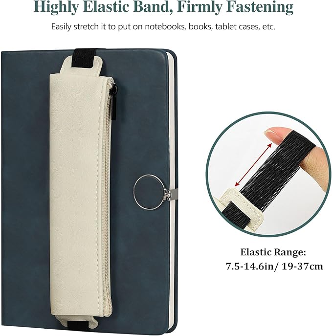 MoKo Elastic Pen Holder for Notebook, 4 Pieces PU Leather Pencil Case with Adjustable Band, Stationery School Supplies Zipper Bag for Planners, Journals, Book