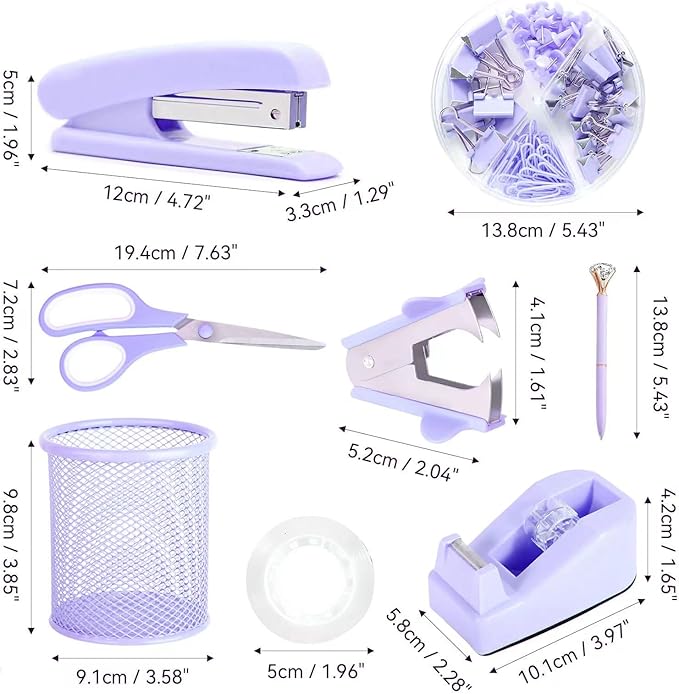 Purple Desk Accessories, Pink Office Supplies Set with Stapler, Tape Dispenser, Staple Remover, Pen Holder, Scissor, Binder/Paper Clips, Ballpoint Pen, Clear Tape and 1000pcs Staples