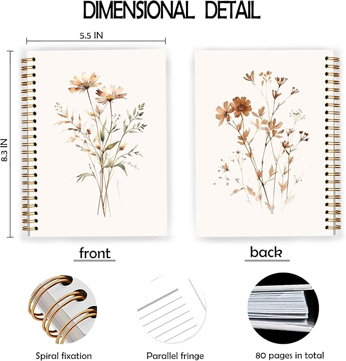 JWVK Retro Neutral Flower Spiral Notebook, Boho Floral Botanical Notebooks for Note Taking, Rustic Cottagecore Wildflower Journal for Women, Boho Office Supplies, 5.5x8.3 Inch