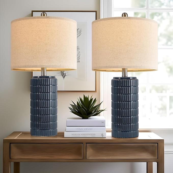 PoKat 23" Blue Table Lamps, Farmhouse Bedside Lamps for Bedroom Set of 2, Ceramic End Table Lamps for Living Room, Traditional Nightstand Desk Lamps, Medium