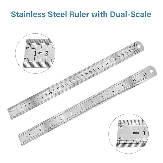 12 Inch Stainless Steel Ruler with Metric and Imperial Scales, Straight Edge Metal Ruler for Measuring Tools, 2-Pack