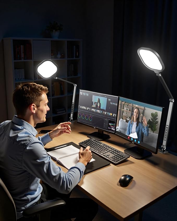 Led Desk Lamps for Home Office, Eye-Care Architect Light with Clamp, Dimmable Zoom Lighting with 3 Color Modes & 10 Brightness, Smart Computer Ring Light for Video Calls, Conference, Reading