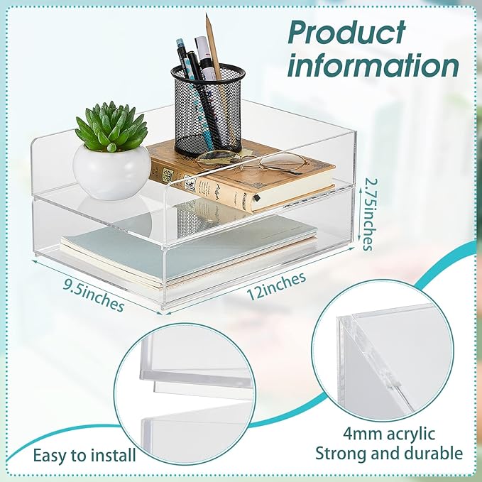Yulejo 2 Pcs Acrylic Desk Organizers and Accessories Tier Paper File Organizer Tray Stackable Document Clear Desk Accessories for Office Workspace Organization (12.01 x 9.25 x 2.68 Inch)