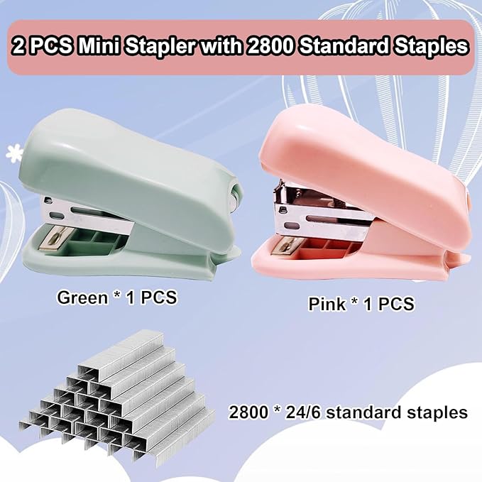 Mini Stapler with Staples & Remover, 25 Sheet Capacity, 2800 Standard Staples, Cute Pink & Green