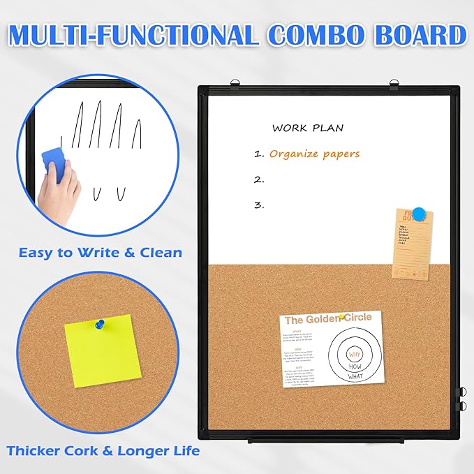 [24" x 18"] WALGLASS Dry Erase and Bulletin Boards Combo, Magnetic White Board Cork Board for Wall, Whiteboard & Corkboard Combination with Aluminum Frame, for Home, Classroom, Office