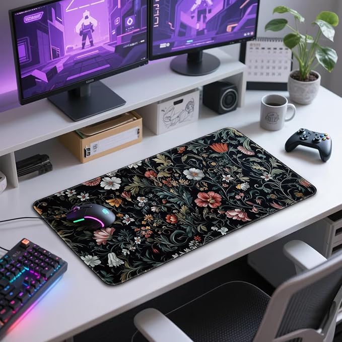 Dark Floral Pattern Large Gaming Mouse Pad 31.5"x15.7"｜XXL Desk Mat, Non-Slip Rubber Base & Stitched Edges - Extended Waterproof Mousepad for PC/Laptop/Office/Home Decor