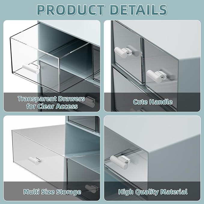 Marbrasse Desk Organizer with 4 Drawers，Office Organization, Clear Plastic Desk Organizers and Storage, Desktop Organizer for Office School Home (Blue-4 Drawers)