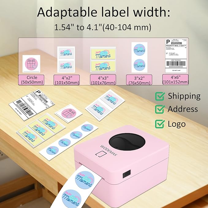 Thermal Shipping Label Printer 4x6 Label Print,Bluetooth Thermal Label Printer,Circle Sticker Printer,Sticker Printer for Small Business,Widely Used for Amazon, Ebay (Pink)