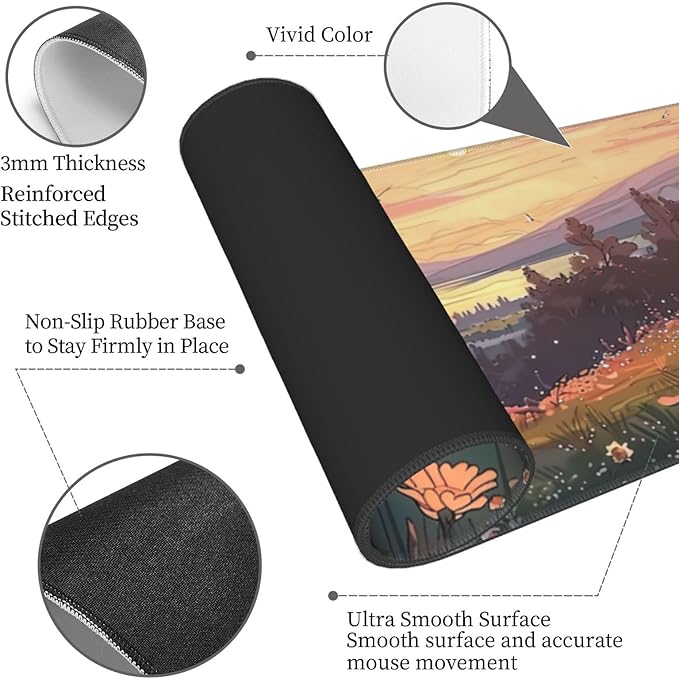 Hill Side Wildflowers Gaming Mouse Mat Extended Large XL Mouse Pad Desk Mat Non-Slip Rubber Mice Pads Stitched Edges for Office and Home,31.5 X 11.8 X 0.12 Inches
