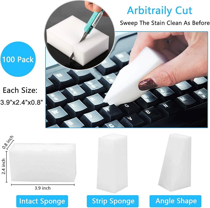Magic Sponge Eraser, 100 Pack Melamine Foam Bulk Sponge Sheets - Bathroom, Oven, Shower, Glass, Dishes, Stove Top, Kitchen Sinks, Bathtub, Wall Tile, Baseboard Cleaner - White, Not Easily Rip