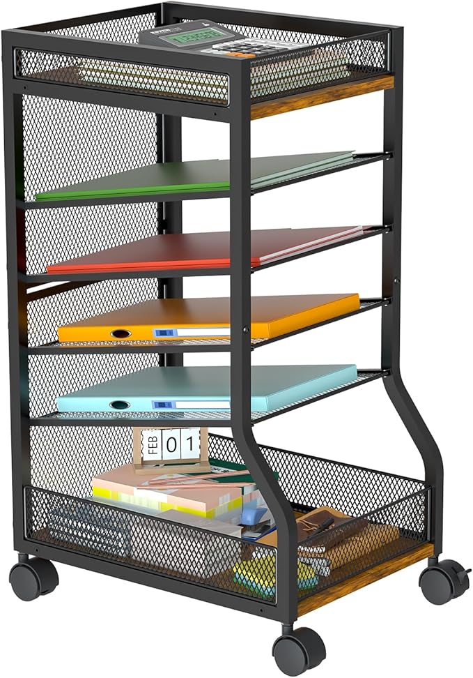 keomaisyto 6-Tier Standing File Organizer for Office Organization, Under Desk File Holder with Sliding Mesh Paper Letter Trays, Slim Rolling File Cart with Wheels for Home/Office/Study