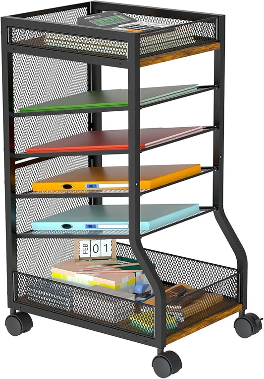 keomaisyto 6-Tier Standing File Organizer for Office Organization, Under Desk File Holder with Sliding Mesh Paper Letter Trays, Slim Rolling File Cart with Wheels for Home/Office/Study