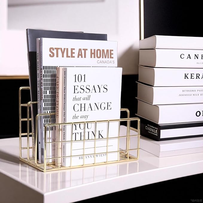 Metal File Organizer, 3 Vertical Sections, Desktop Paper/Mail/Letter/Record Holder, File Folder Holder Stand Rack Sorter for Office Desk Organization and accessories & supplies (Gold)