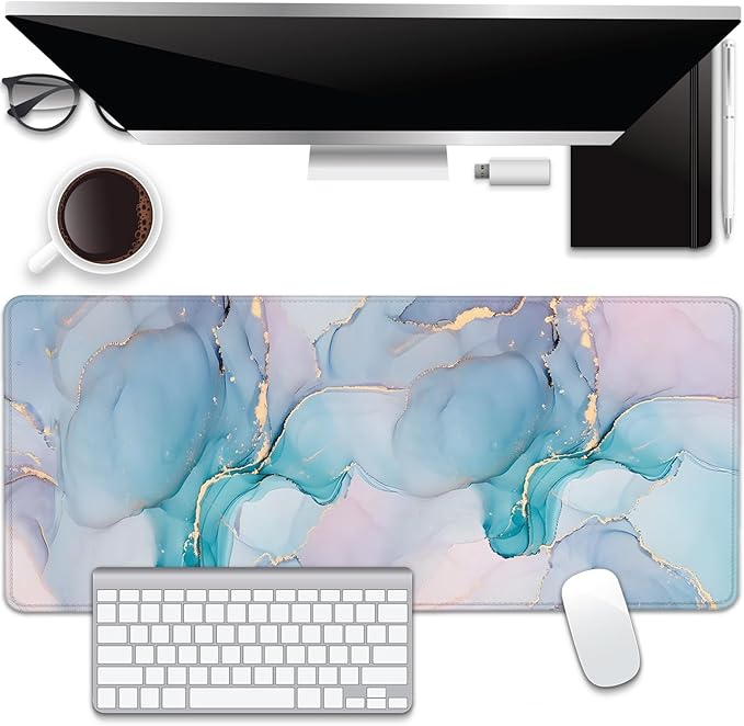 Cyan Blue Marble Desk Pad Mouse Pad,Large XL Mouse Mat with Stitched Edges,Non-Slip Rubber Base Mousepad for Office PC Keyboard Laptop and Home Work Desk Mat(27.5X11.8 in)