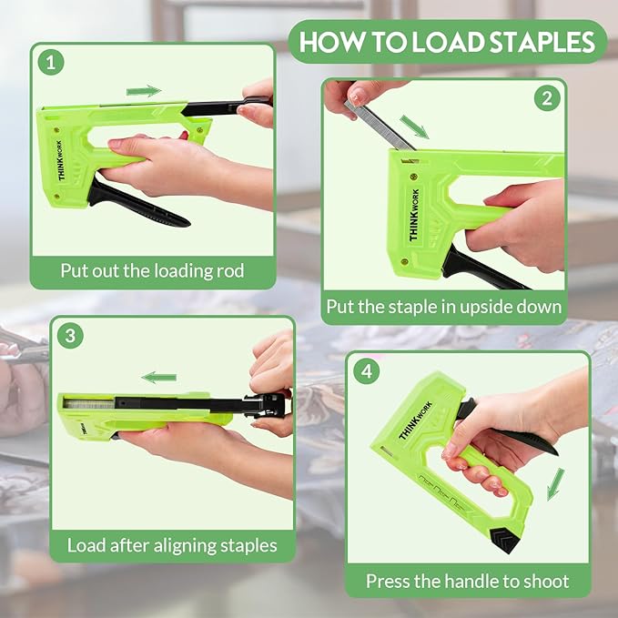 THINKWORK Light Duty Staple Gun - Upholstery Staple Gun for Wood with 1600pcs JT21 Staples 1/4", 5/16", 3/8" and Staple Remover, Fabric Stapler Gun for Crafts, Home Use, Wall, DIY, Lights Decor, Green