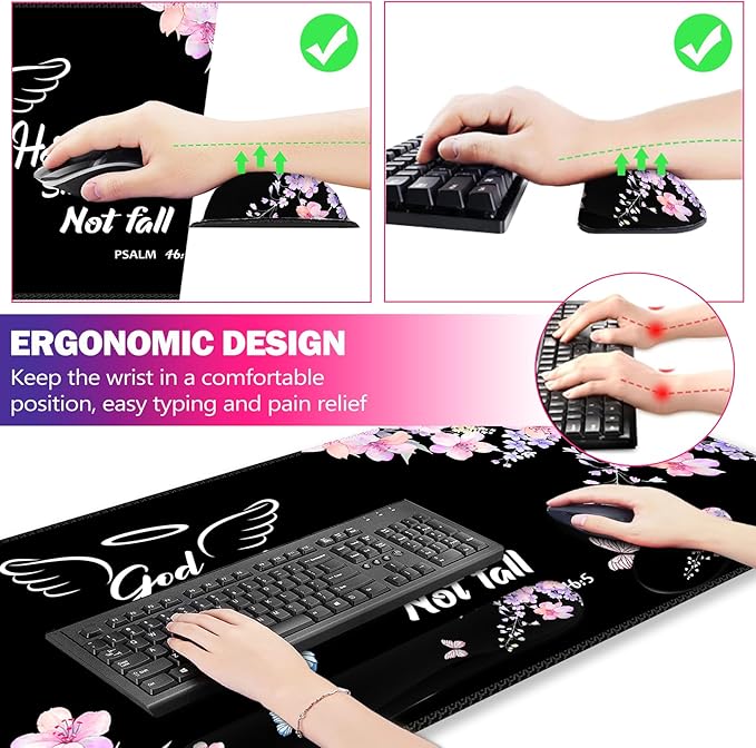 ARTSO Large Mouse Pad Keyboard Wrist Rest Support Combo, Memory Foam Wrist Pad, Extended Desk Mat Protector, God is Within Her Desk Blotter, Psalm Flower Butterfly