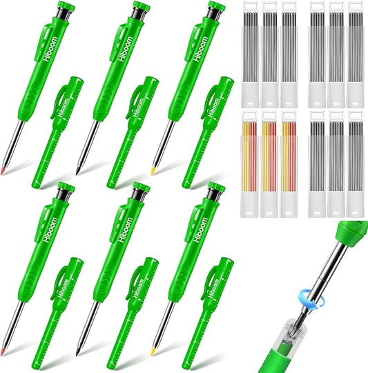 Hiboom 6 Pack Solid Carpenter Pencils Mechanical Construction Pencils with 72 Pcs 2.8 mm Lead Refills Pencil Cap Built In Sharpener Woodworking Marking Tools for Architect Long Nosed Deep Hole Scribe