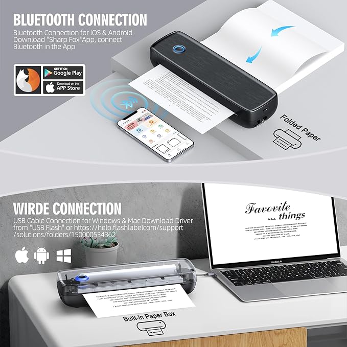 Portable Wireless Printer for Travel, High Resolution Inkless Mini Thermal Print, 4200mAh Battery, Bluetooth & USB (A4, A5, Letter, Legal) Compatible with Android and iOS Phone&Laptop,Black