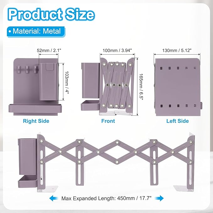 PATIKIL Adjustable Book Ends, 6.5" Tall Heavy Duty Metal Adjustable Bookends Book Holders Organizer with Removable Pen Holder Tray and 3 Hook-up for Heavy Books Desk Office Home, Purple