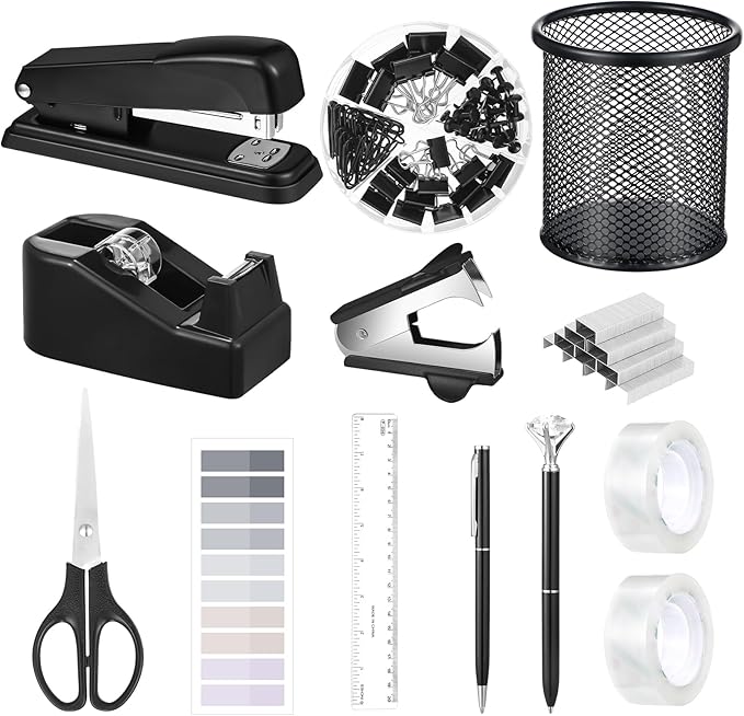 13 in 1 Black Desk Accessories, Black Office Supplies for Men Wome with Stapler and Tape Dispenser Set, Tape, 1000 Staples, Staple Remover, Scissors, Pen, Pen Holder, Tabs, Ruler, Clips Set