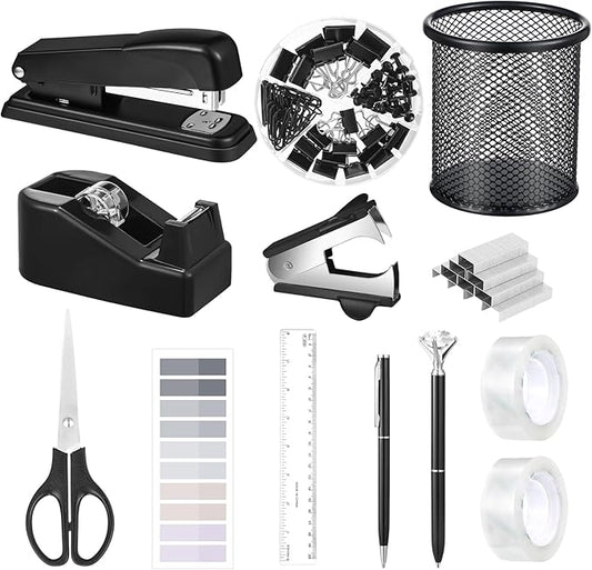 13 in 1 Black Desk Accessories, Black Office Supplies for Men Wome with Stapler and Tape Dispenser Set, Tape, 1000 Staples, Staple Remover, Scissors, Pen, Pen Holder, Tabs, Ruler, Clips Set