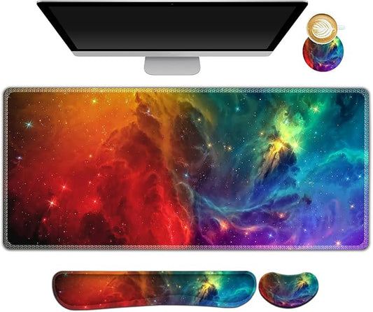ARTSO Extended Gaming Mouse Pad Set, Keyboard Wrist Rest Support Pad + Wrist Cushion + XXL Large Mouse Pad + Coaster, Stitched Edge, Non-Slip, Memory Foam Desk Mat, Color Nebula Galaxy
