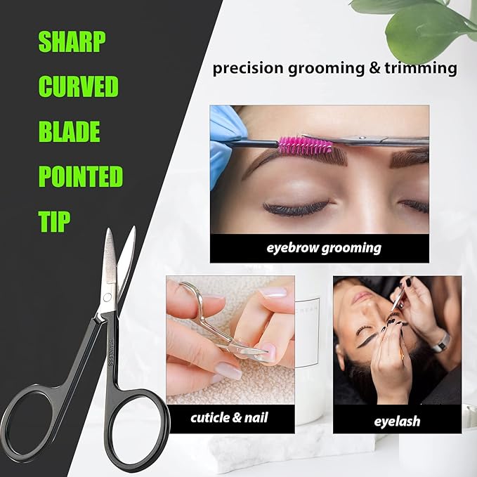 Facial Hair Small Grooming Scissors For Men Women - Eyebrow, Nose Hair, Mustache, Beard, Eyelashes, Ear Trimming Kit - Curved and Rounded Safety Tip Clippers For Hair Cutting- 2PCS Black