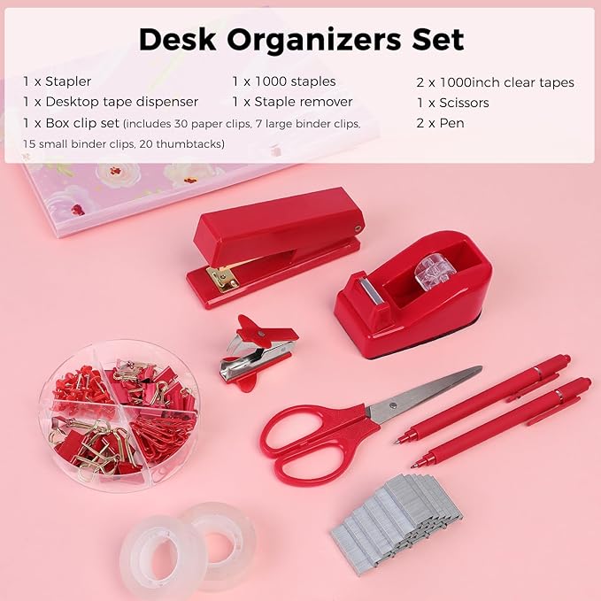 SKYDUE Red Office Supplies Set, Desk Accessories, Stapler, Tape Dispenser, Scissors, Binder/Paper Clips and 1000pcs Staples, Office Decor for Women