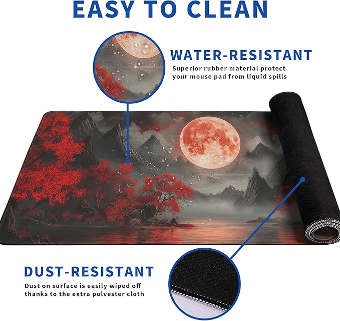 Darkness Red Moon Mouse Pad Abstract Red Mouse Pad 31.5x11.8 Inch Texture Non-Slip Rubber Base Large Mousepad Stitched Edges Keyboard Mouse Mat Desk Pad for Office and Home