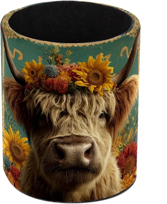 Watercolor Sunflower Yak Circular Pen Holder, Pen Cup Makeup Brush Holder, Design for School, Home and Stationary Supplies (3.9 x 3.1 Inches)