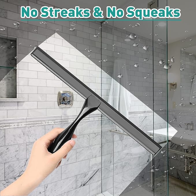 steauty Shower Squeegee for Glass Doors,10-Inch Shower Glass Squeegee, Matte Black Shower Squeegee for Shower Doors,Mirror,Windows, with Shower Door Hook and Adhesive Hook