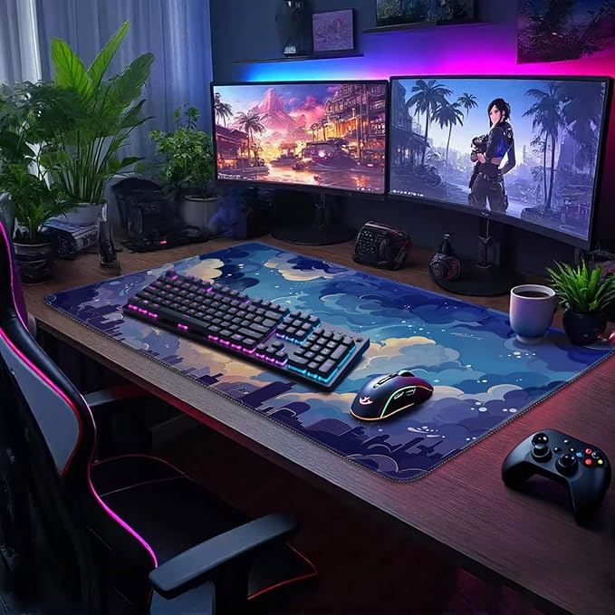 Blue Nebula Aesthetic Large Gaming Mouse Pad 31.5"x15.7"｜XXL Desk Mat, Non-Slip Rubber Base & Stitched Edges - Extended Waterproof Mousepad for PC/Laptop/Office/Home Decor