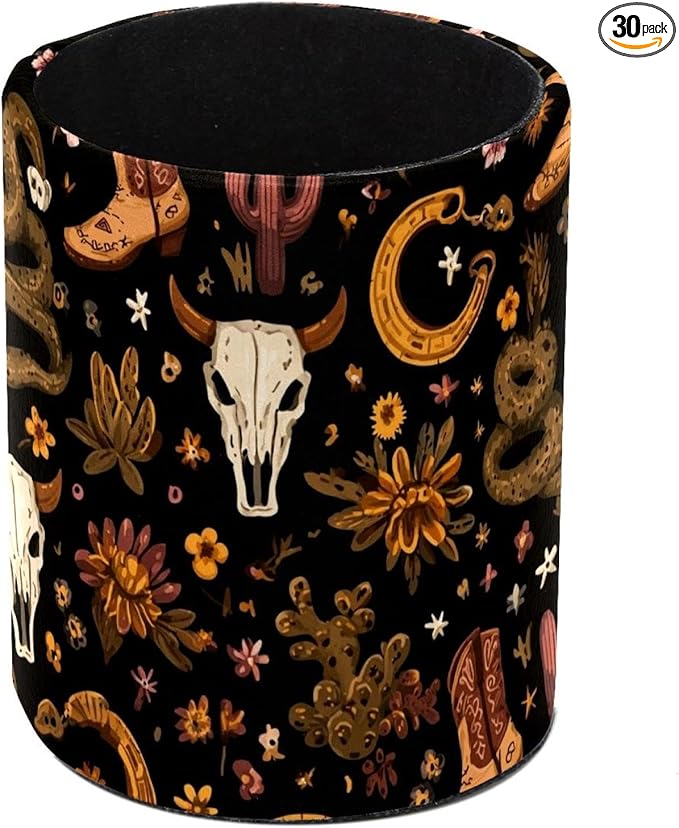 Western Boho Style Bull Skulls Pattern PVC Leather Circular Pencil Holder for Desk Organizer Stationery Holder for Office, School(3.9 x 3.1 Inches)