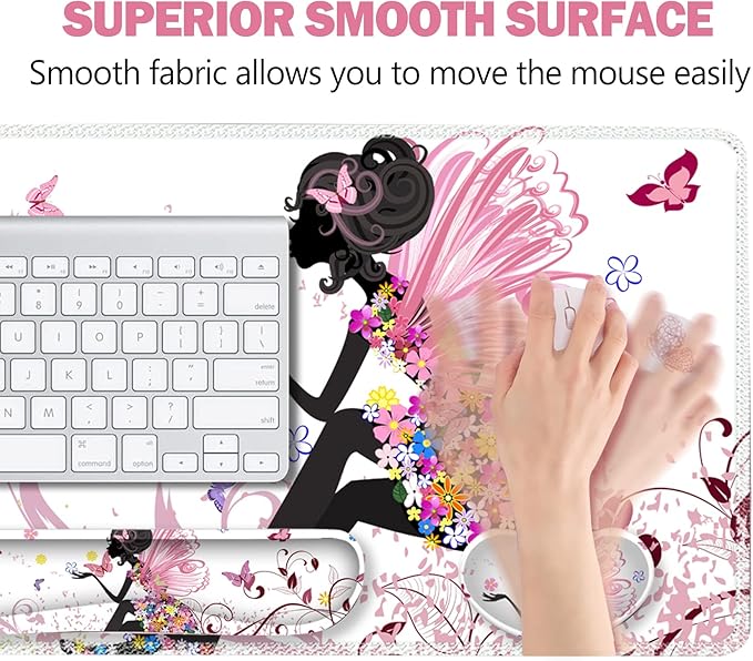 ARTSO Extended Gaming Mouse Pad Set, Keyboard Wrist Rest Support Pad + Wrist Cushion + XXL Large Mouse Pad + Coaster, Stitched Edge, Non-Slip, Memory Foam Desk Mat, Pink Butterfly Girl